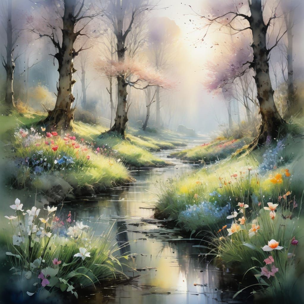 Spring Glade: Watercolor Landscape at Sunrise