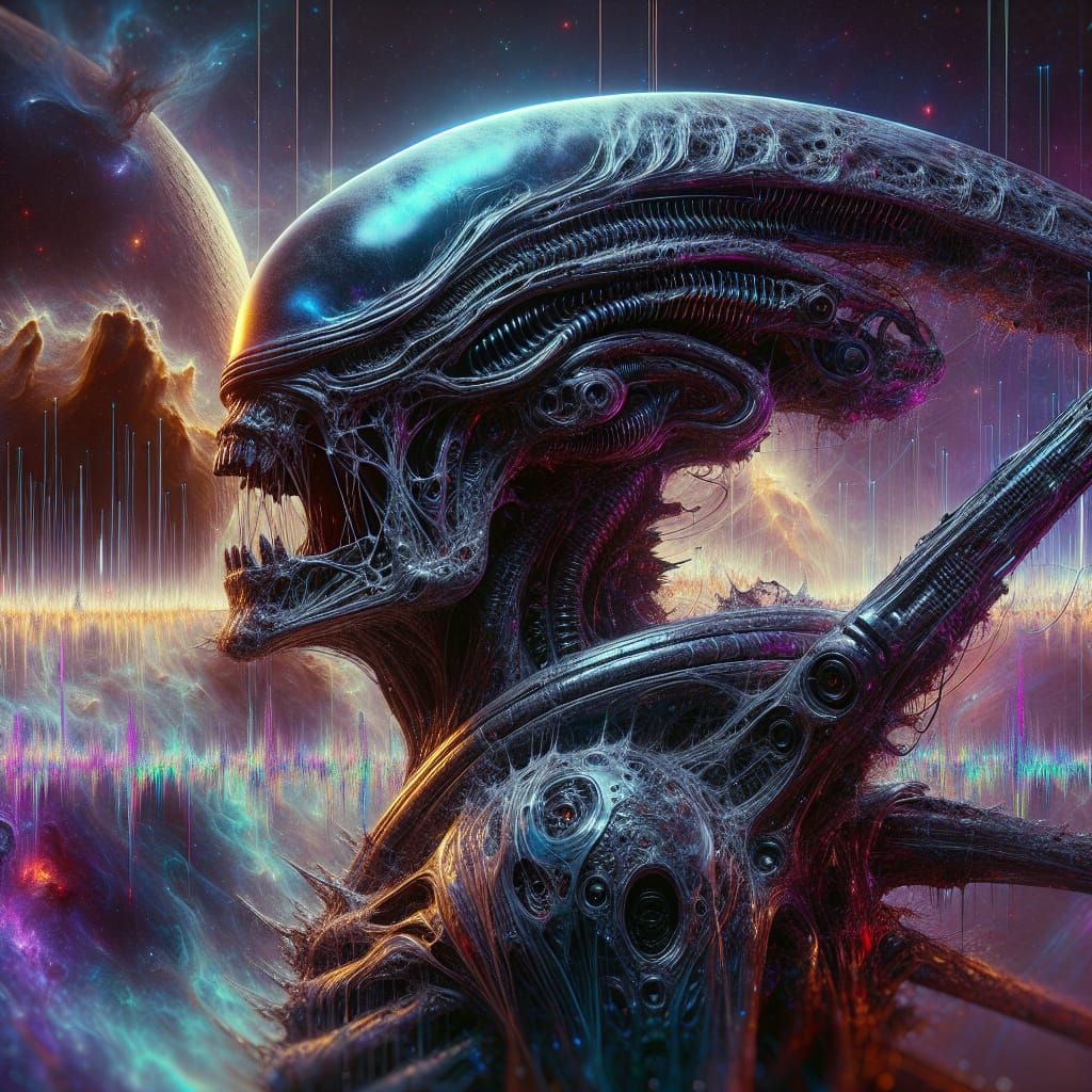 Demonic Xenomorph Disintegrates in Cyberpunk Alien Landscape