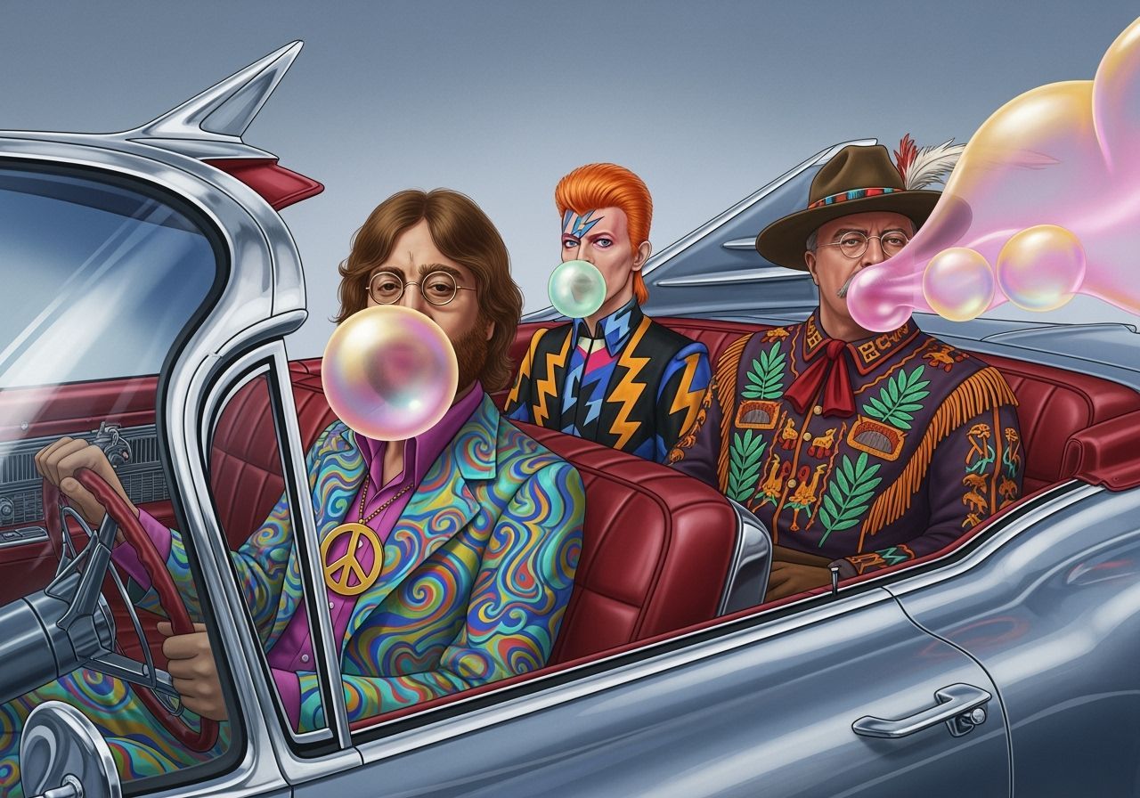 Historical Figures Blowing Bubbles in Dreamlike Car