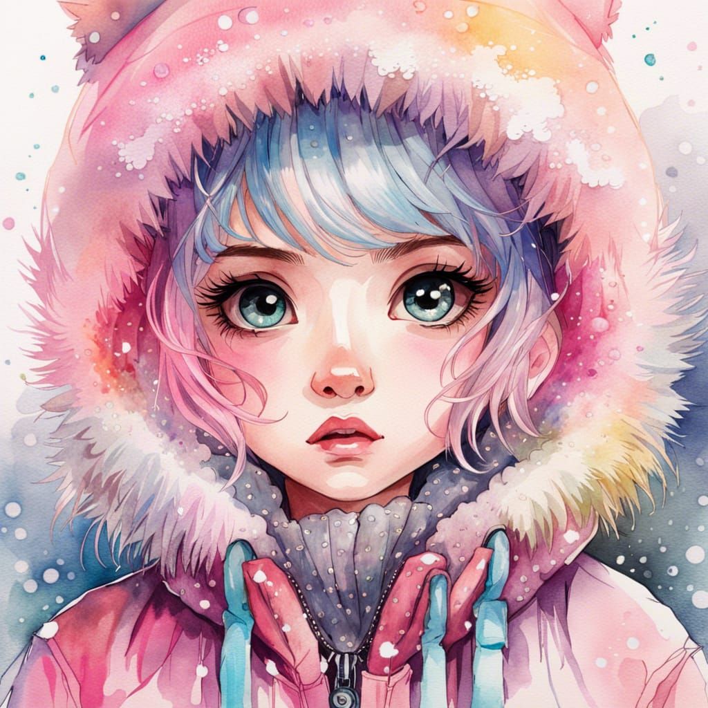 Anime Watercolor Portrait of a Snowy Fae