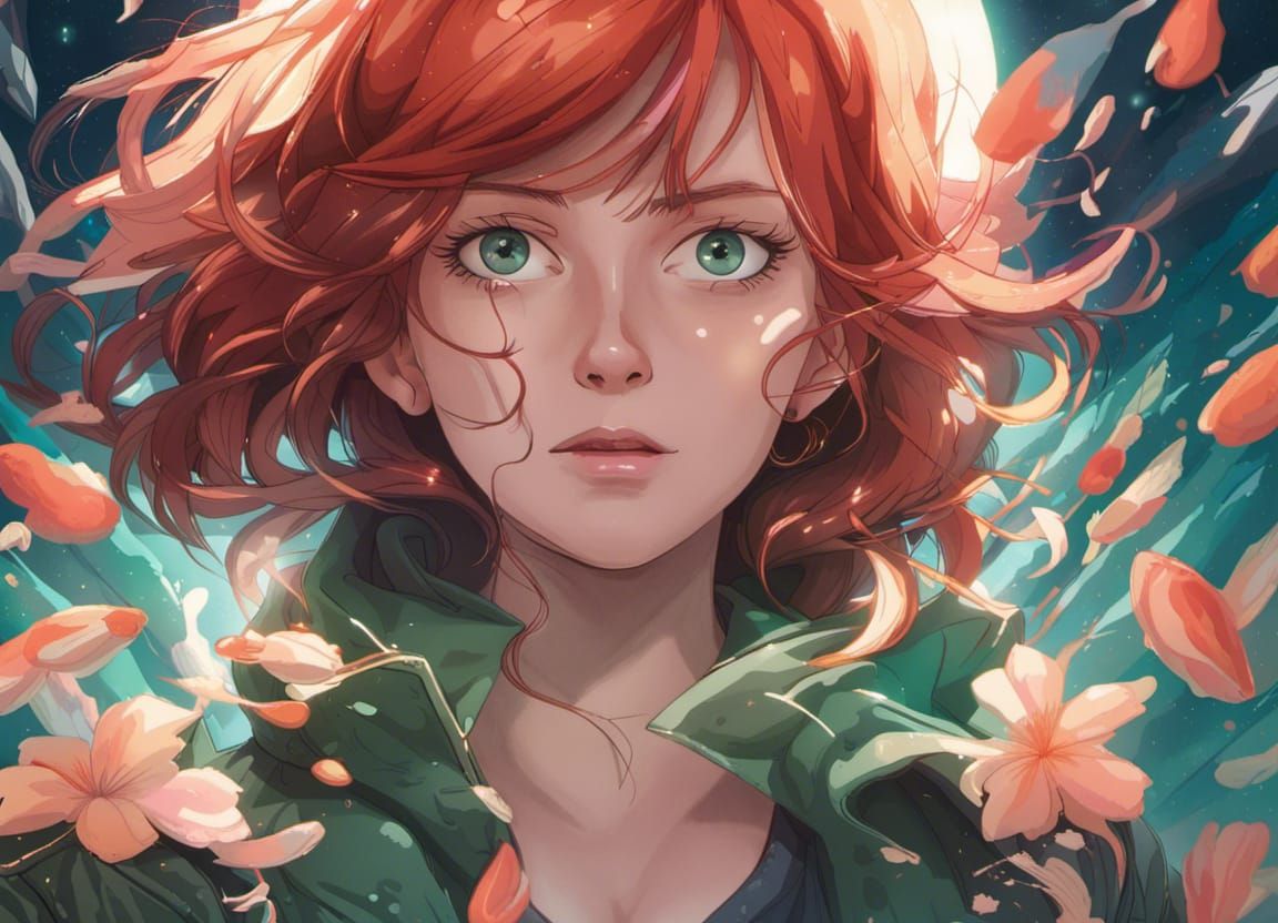 Anime Woman Portrait with Fireworks in Ghibli Style