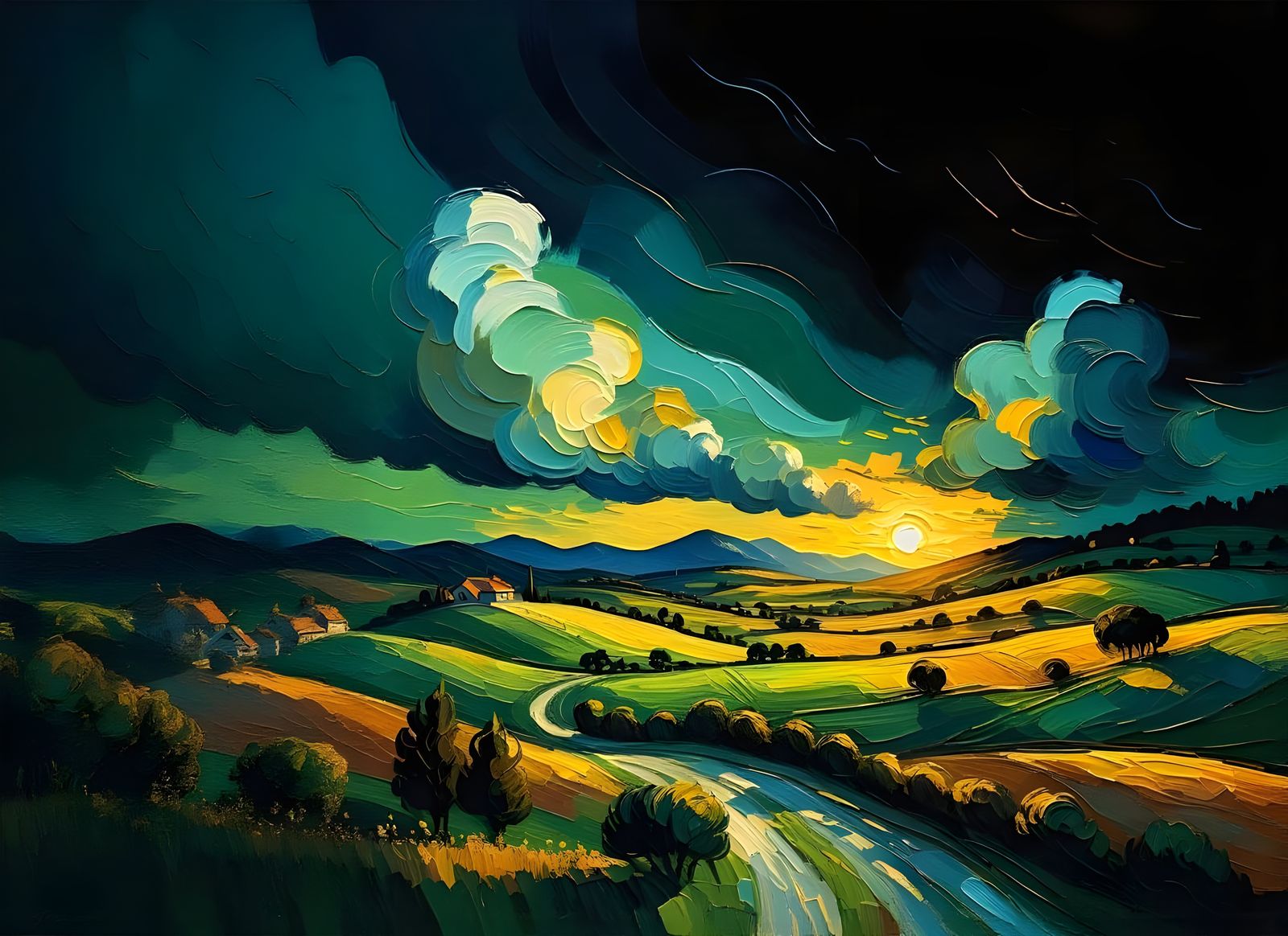 Whirlwind Landscape in Vibrant Post-Impressionist Style