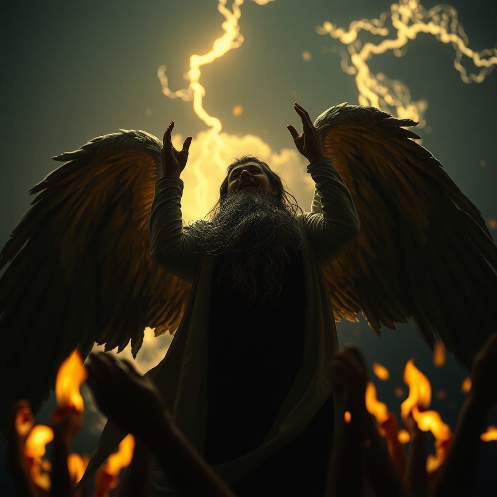 A portrait of God casting. out the fallen angels from heaven...