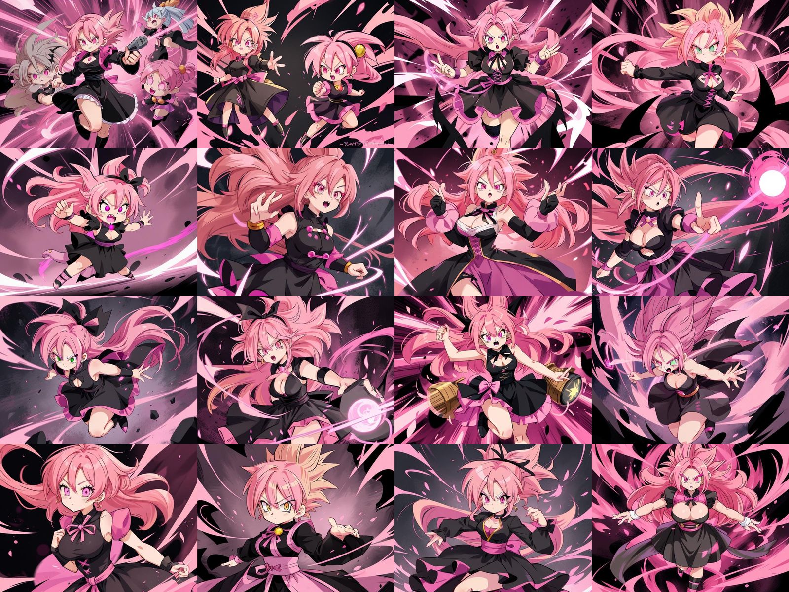 A dragon ball style looking female super Saiyan with pink hair, powering up. Wearing a black battle gothic ribbon dress ...