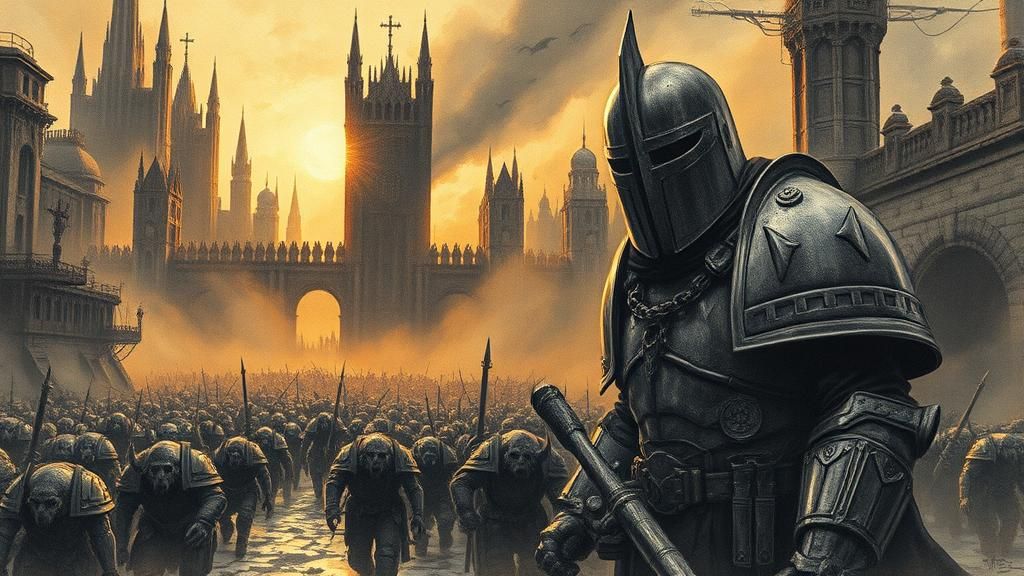 Armored Inquisitor in Gothic Metropolis, Epic Battle Scene