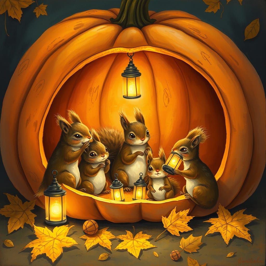 Whimsical Squirrel Hideout Inside Pumpkin Home