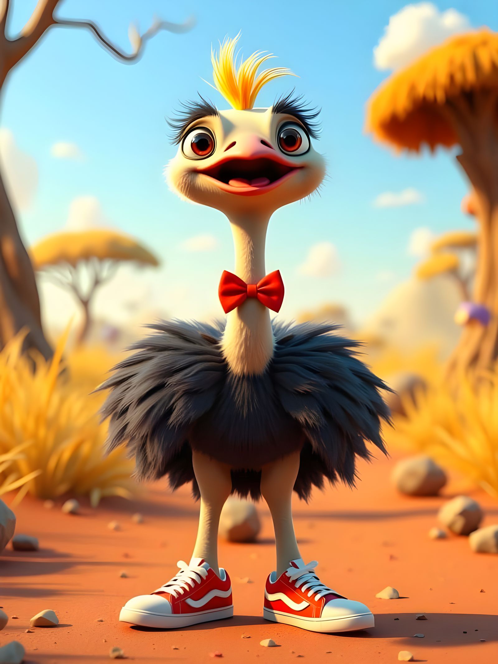 Fluffy Ostrich with Mohawk in Vibrant 3D CGI