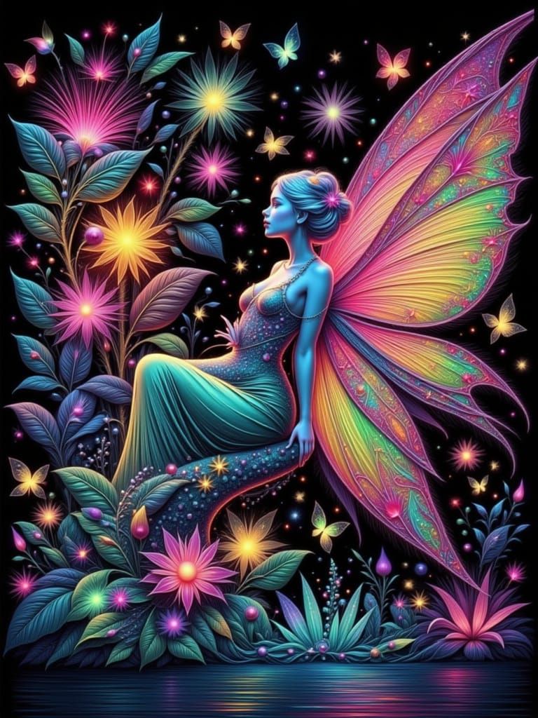 Arty Neon Fairy in Fine Line Sketch Style