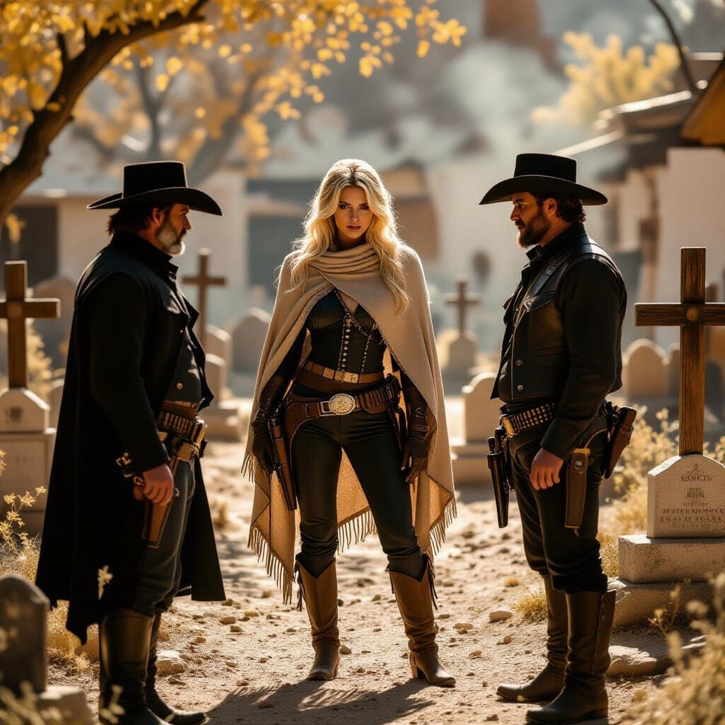 Blond Gunslinger in Cemetery with Companions