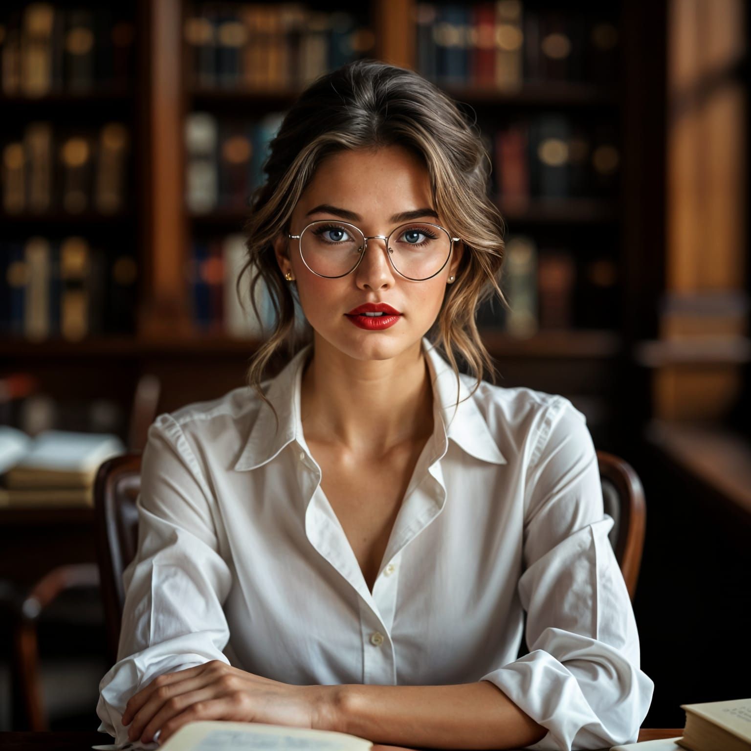 A full figure view of a young woman with an innocent gaze an...