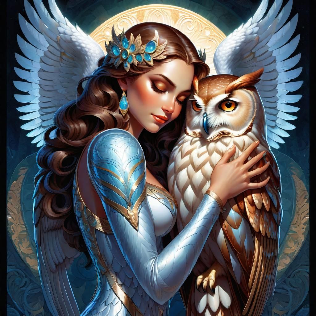 Goddess Embraced by Owl: Ethereal Digital Painting