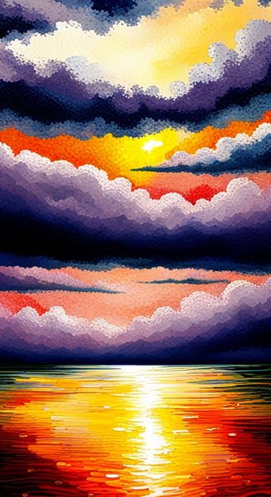 Stormy Sunset Ocean in Pointillism Style