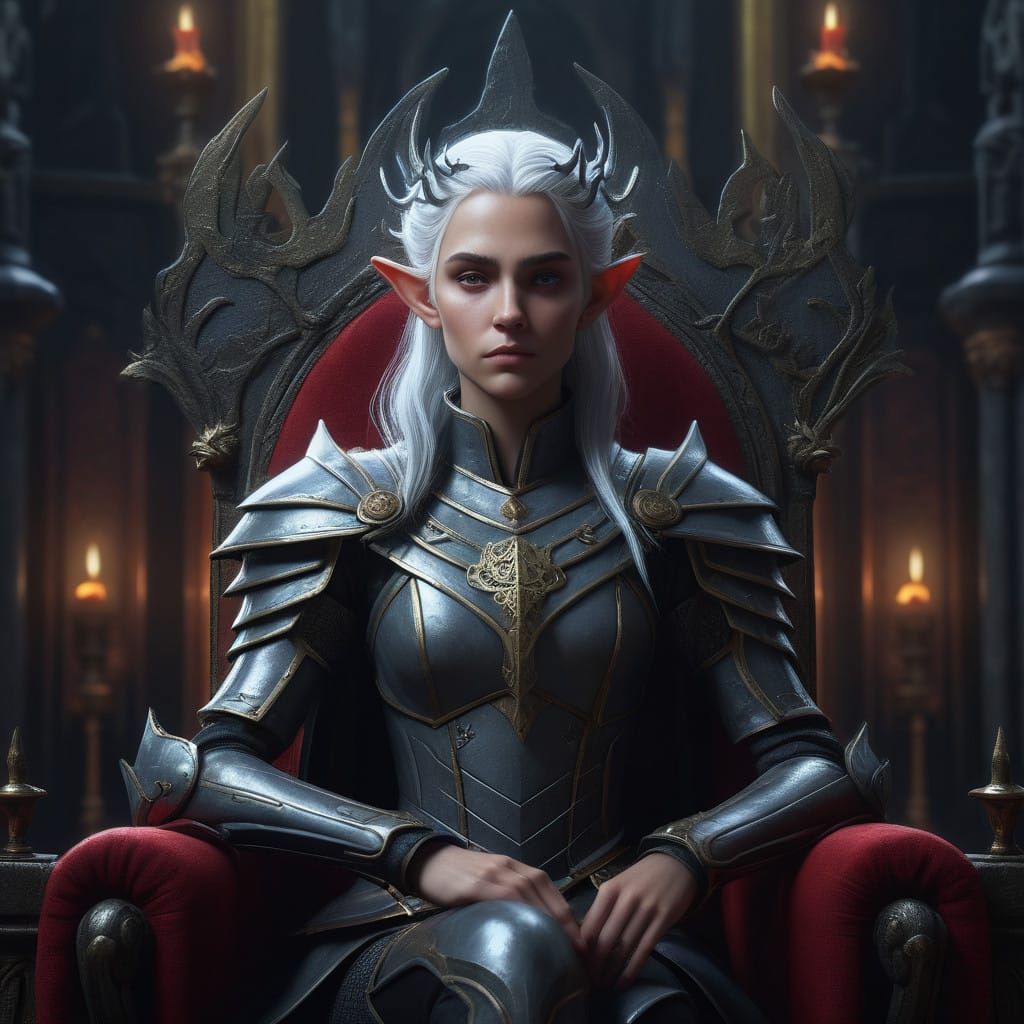 Regal Female Elf in Dark, Ornate Throne
