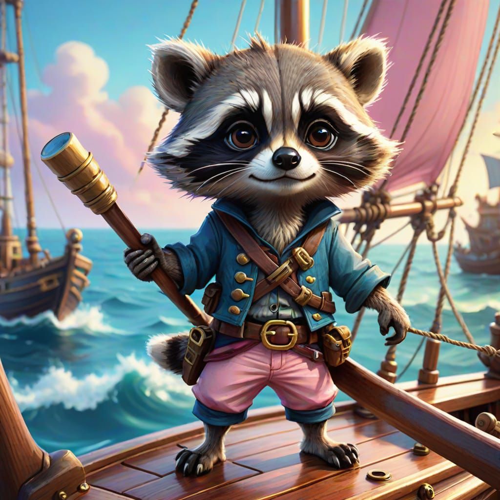 Chibi Raccoon Pirate on Sailing Ship in Cartoon Style