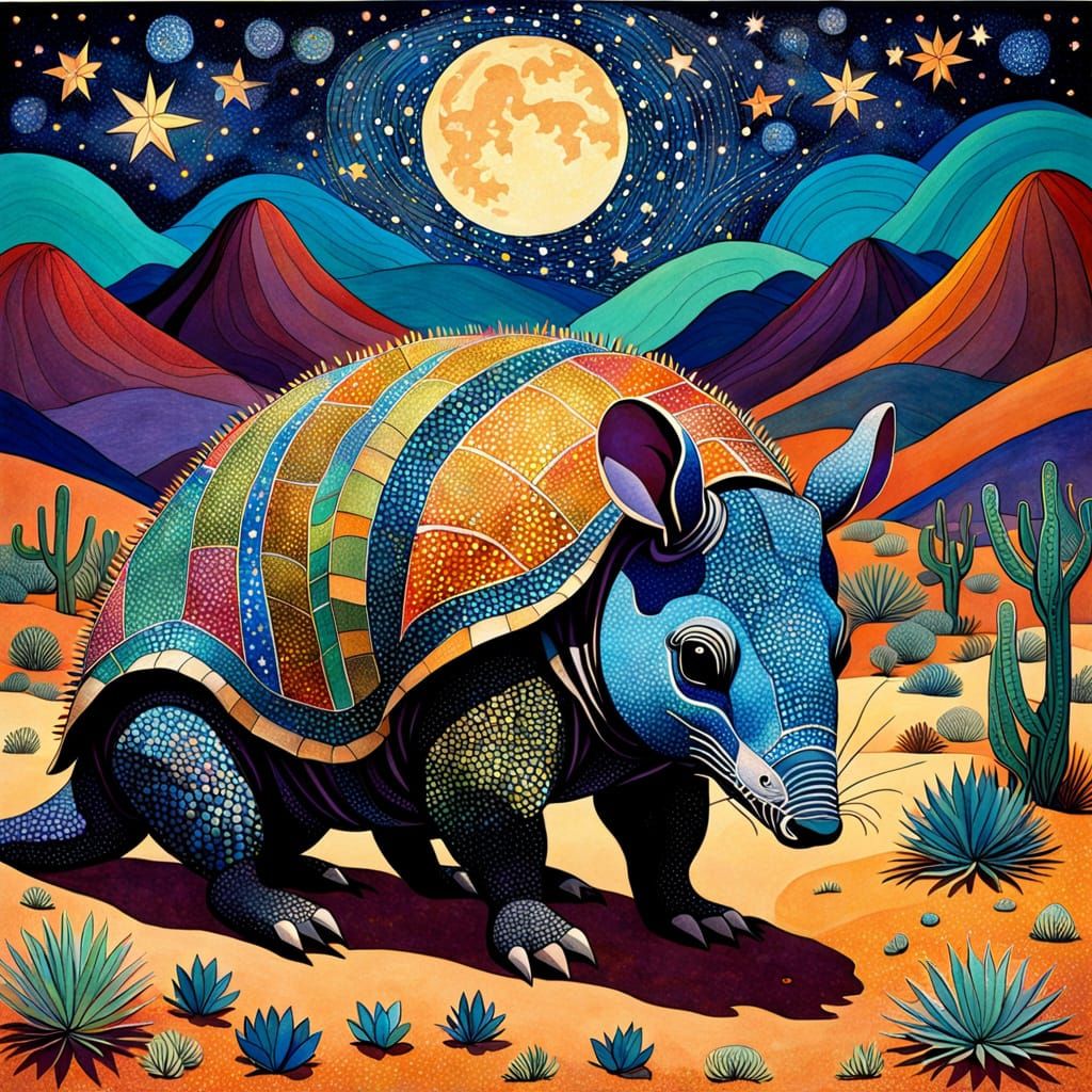 Armadillo Under Starry Desert Skies in Vibrant Colors