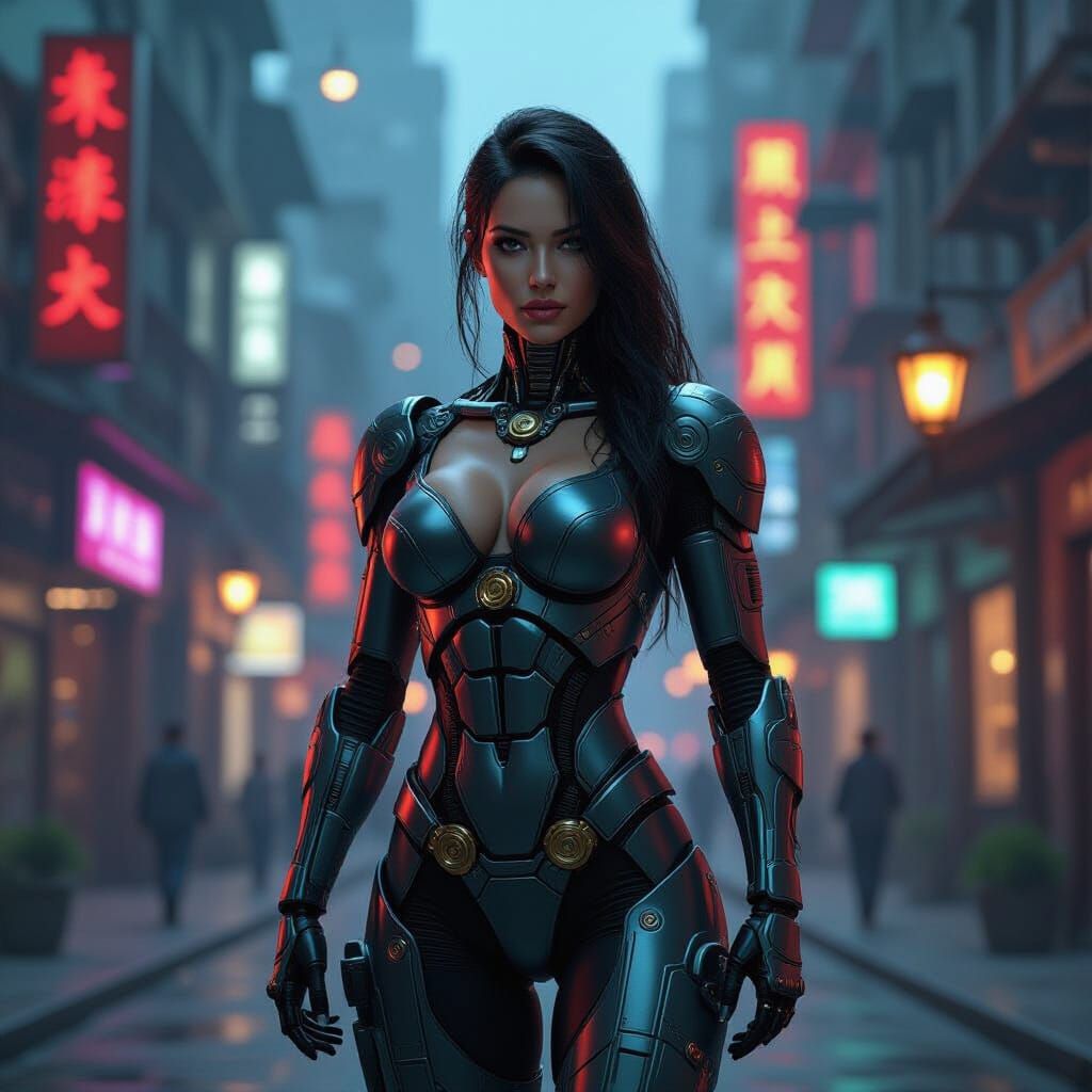 Muscular Cyborg Woman in Futuristic Cityscape