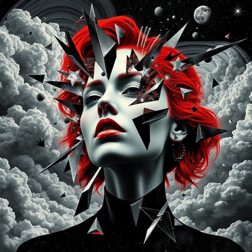 Avant-Garde Portrait in Dada Style with Cosmic Clouds