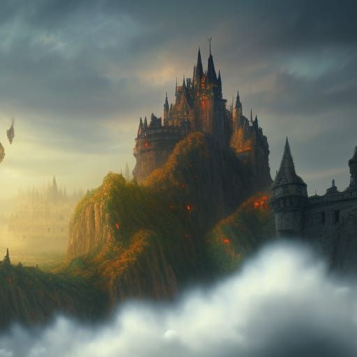 Aesthetic Castle in Clouds at Sunset: Fantasy Art