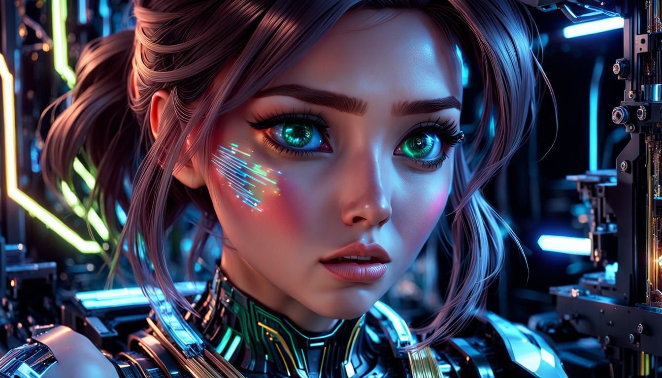 Emotional Girl in Glitching 3D Printer Scene