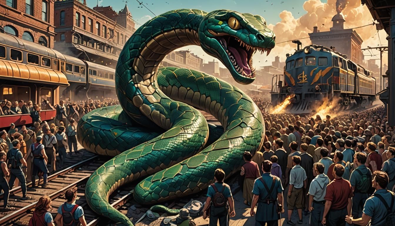 Superhero Snake Stops Runaway Train: Comic Art