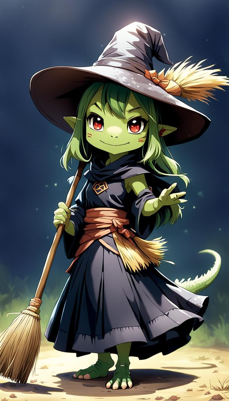 Chibi Lizardwoman Witch in Anime Key Visual Style