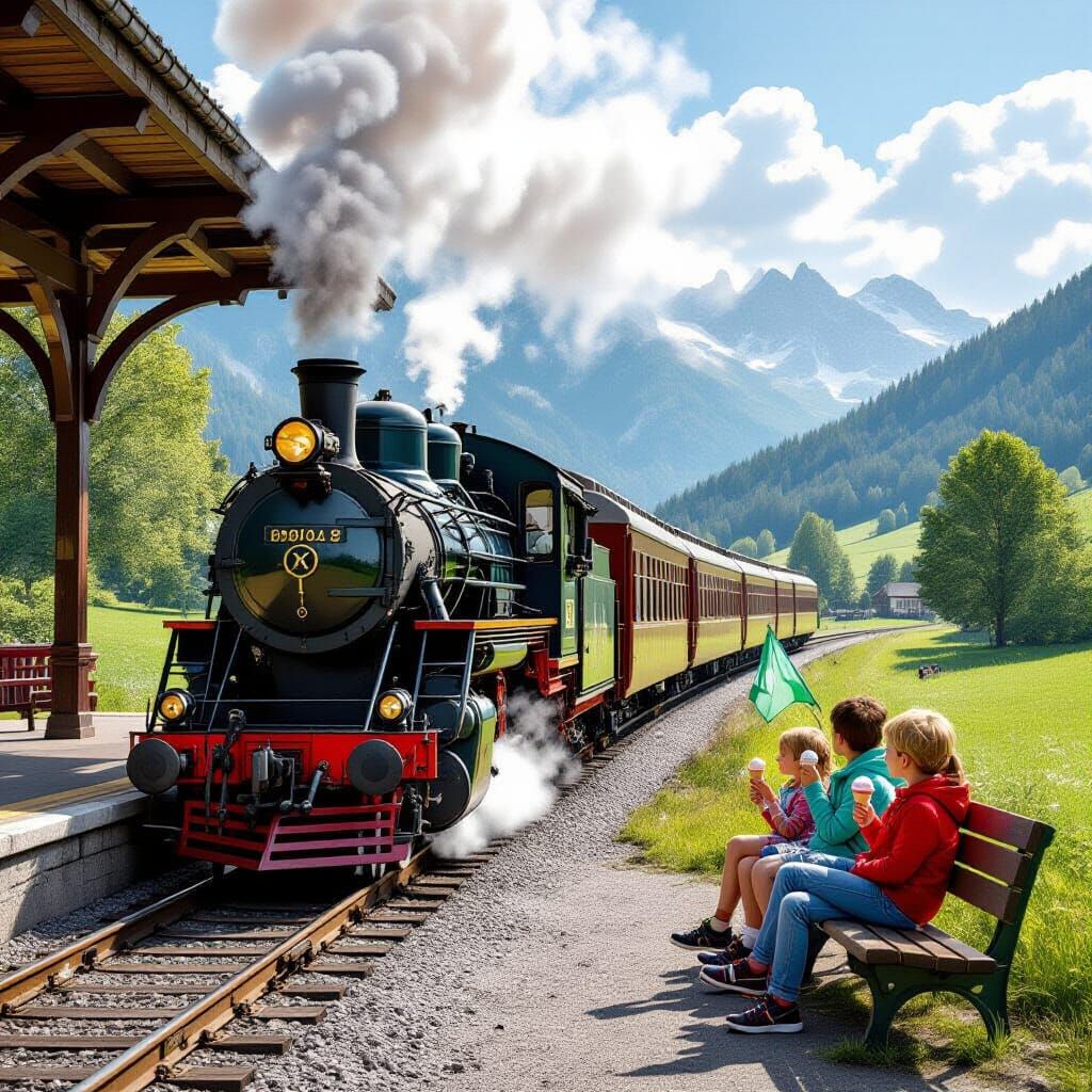 Rural Railway Station with Passing Train