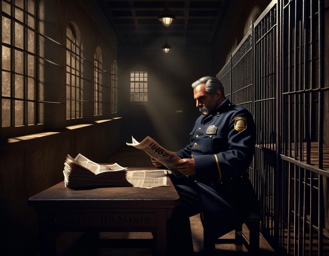 Hyperrealistic Prison Officer Reading Newspaper