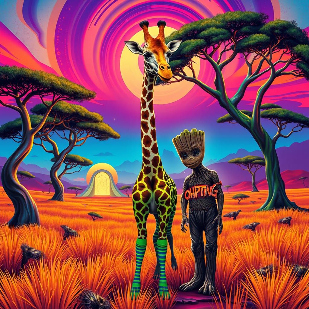 Eccentric Giraffe in Vibrant Wakanda Savanna Dreamscape
