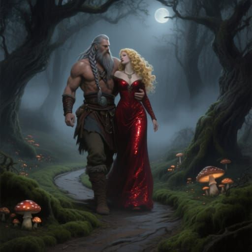 Viking Warrior Carries Woman Through Misty Forest
