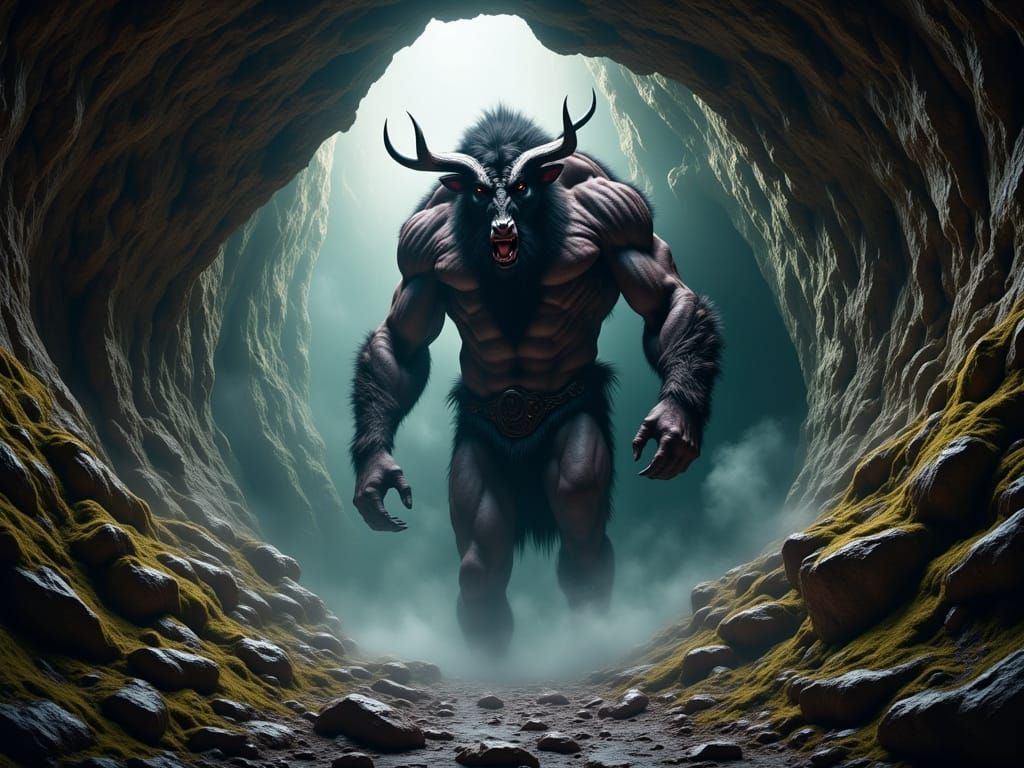 Mystical Minotaur in Ancient Cave, Hyperrealistic Digital Ar...