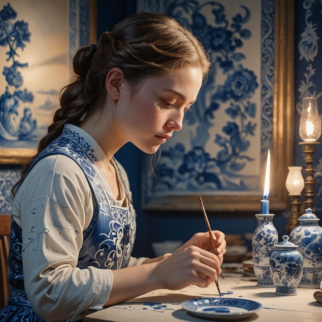 Girl Painting Delft Blue Porcelain: Hyperrealistic Concept A...
