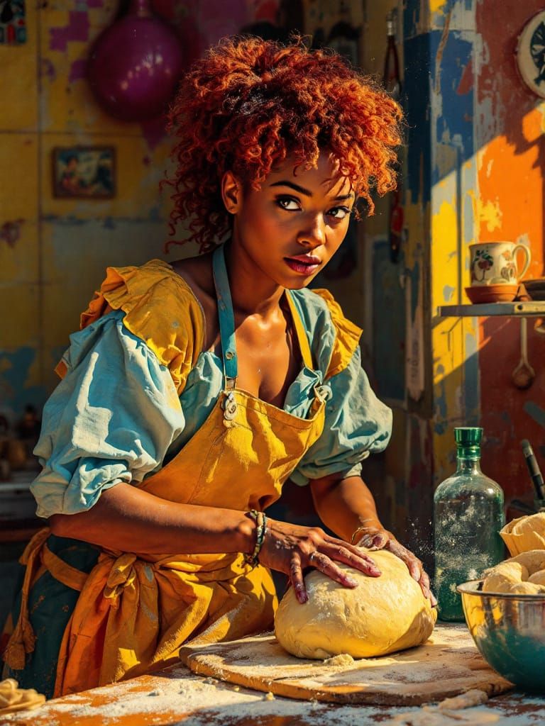 Redhead Baker Kneading Dough in Warm, Shadowy Kitchen