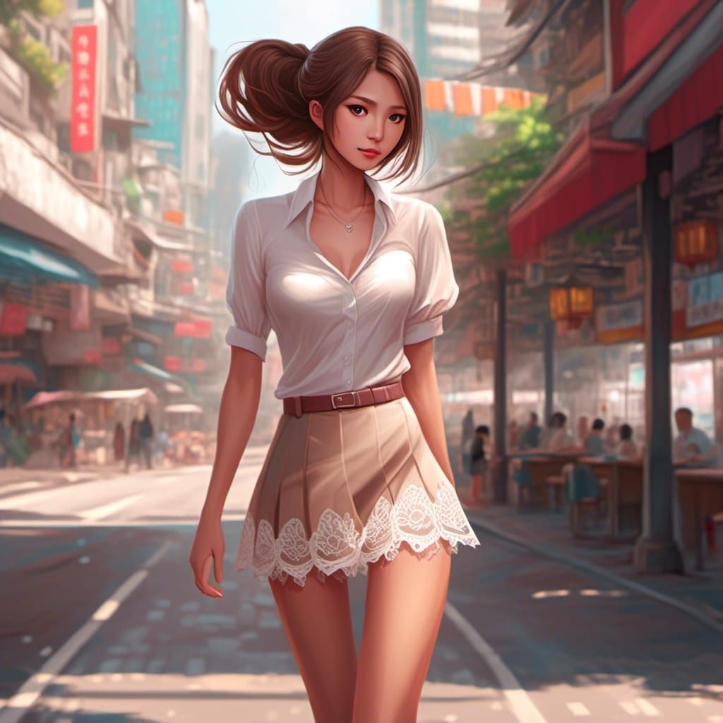 <lora:Trio:1.0> Young Asian Women. long smooth dark blonde hair, Brown Eyes, Secretary. White Lace Blouse, Red Short Ski...