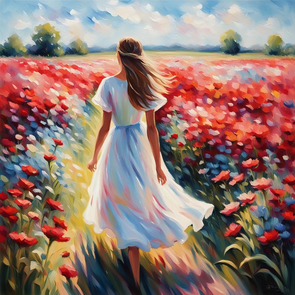 Girl Walks Through Flower Field: Impressionist Oil Painting