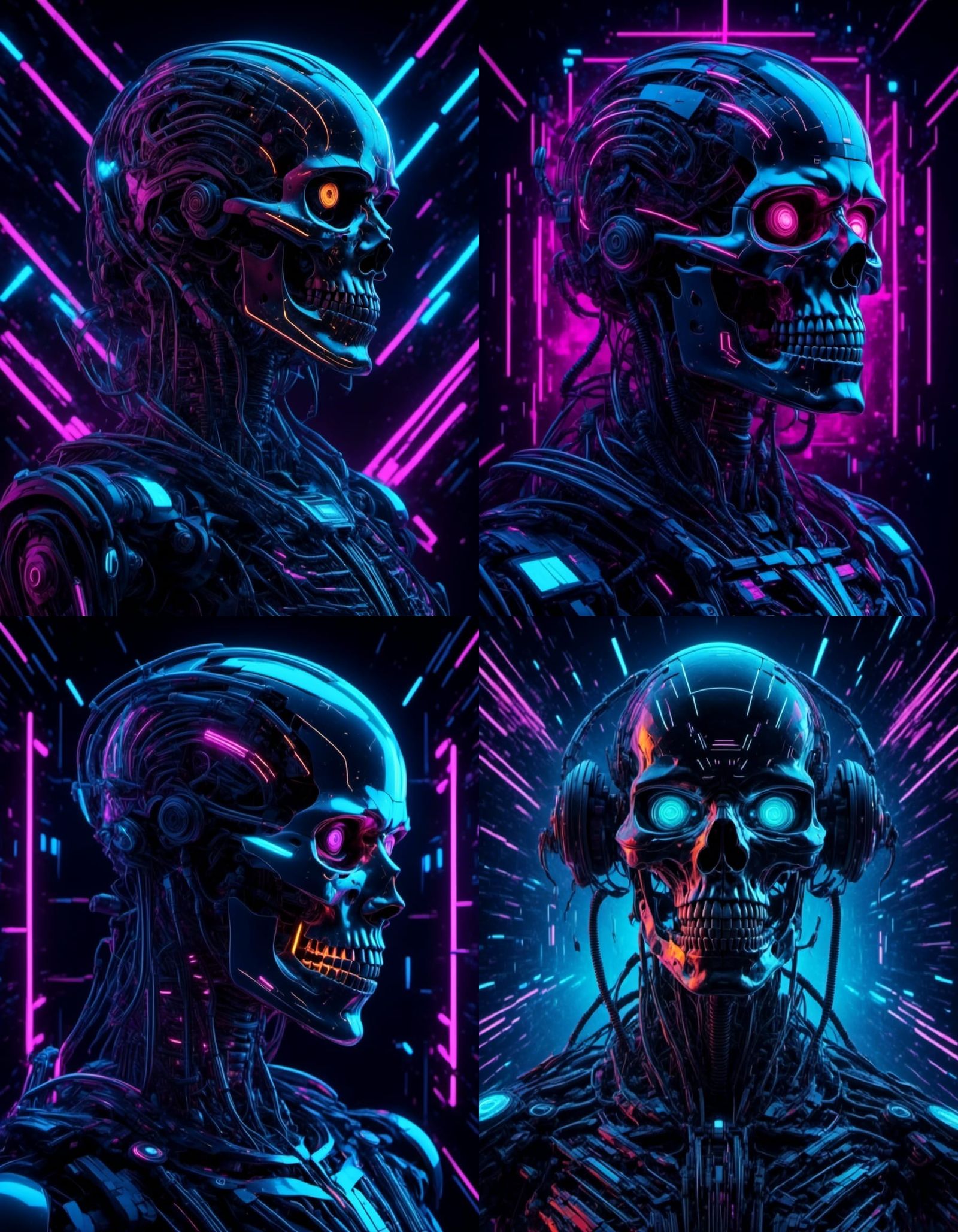 Robotic Skeleton Portrait in Neon Synthwave Style