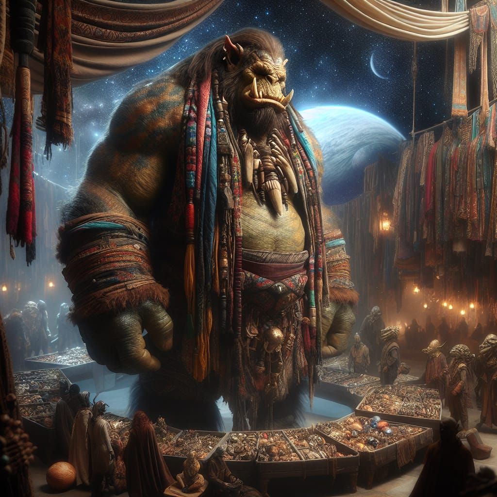 Cosmic Trader in Exotic Textiles, a Vibrant Galactic Marketp...