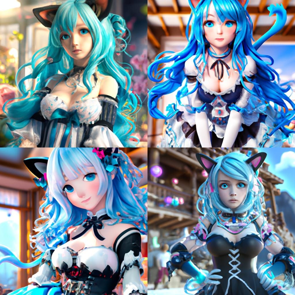 Anime Catgirl Maid with Blue Hair in Digital Art