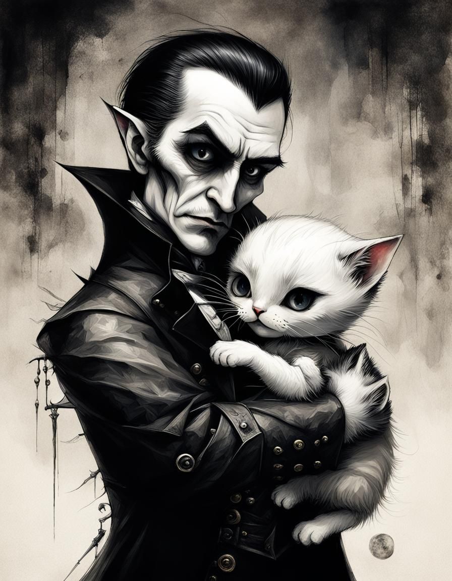 Dracula and Kitten-Vampire Portrait in Surreal Style
