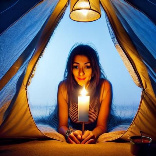 Woman Undressing in Tent Lit by Lantern
