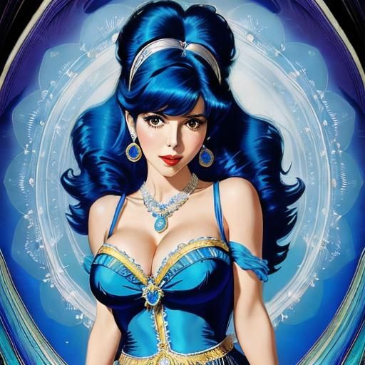 Vibrant Portrait of Woman with Blue Hair in Pin-Up Style