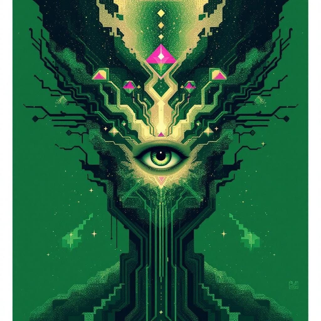 Psychedelic Pixel Art Album Cover with Emerald Eye