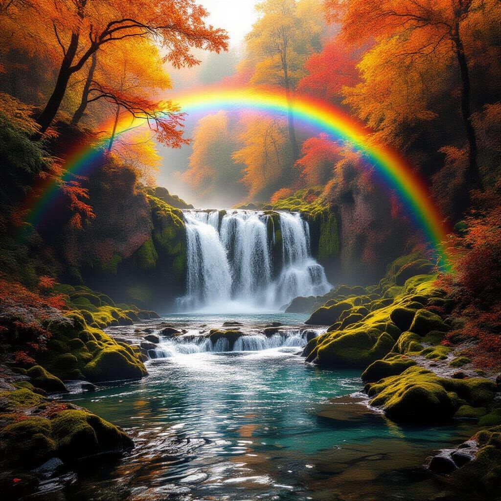 Majestic Autumn Waterfall with Rainbow and Cinematic Lightin...