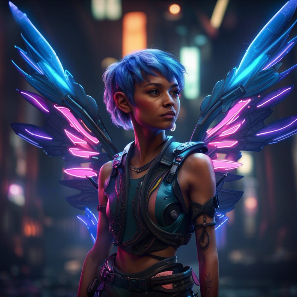 Futuristic Pixie with Neon Wings, Detailed Digital Art