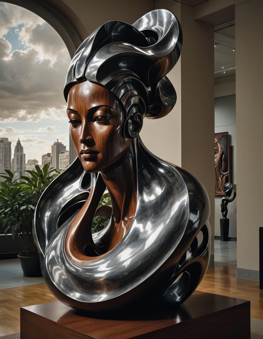 Abstract Wood and Silver Sculpture in Museum