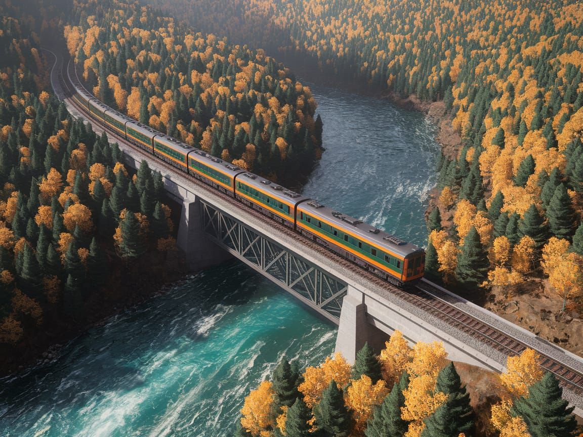 Autumn Train Crossing over a Turquoise River