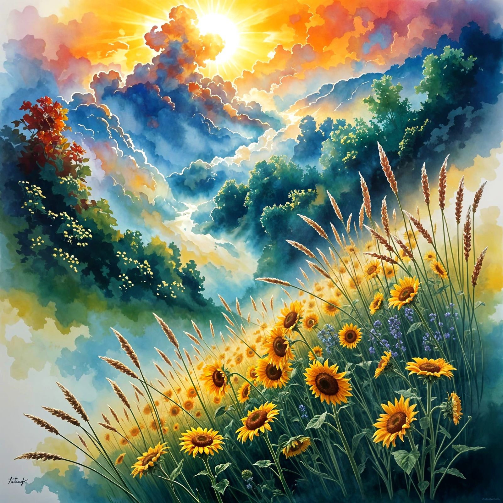 Sunrise Sunflower Field in Watercolor Style