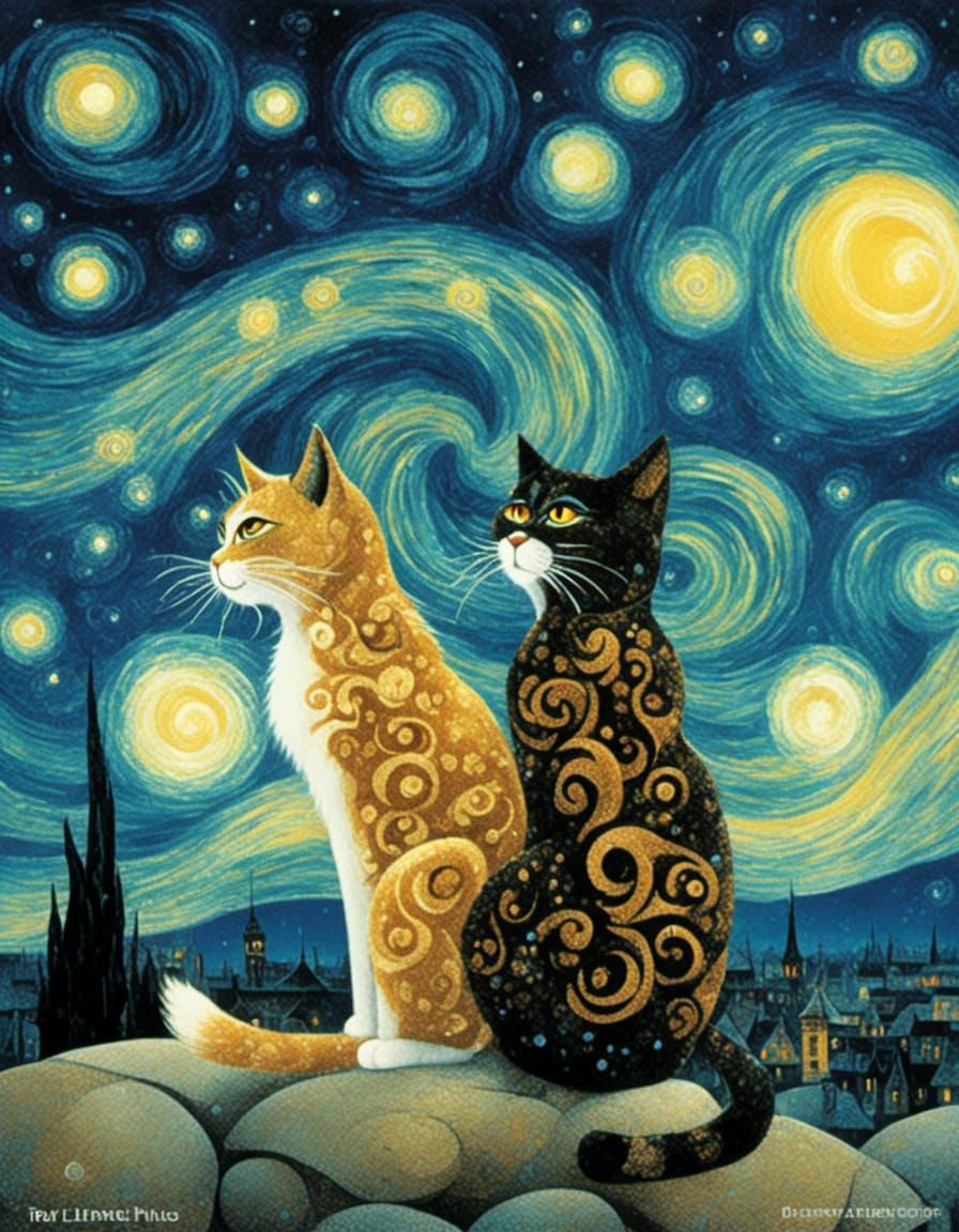 <lora:Feline Folk:1.0> Whimsical Van Gogh starry night. Medi...