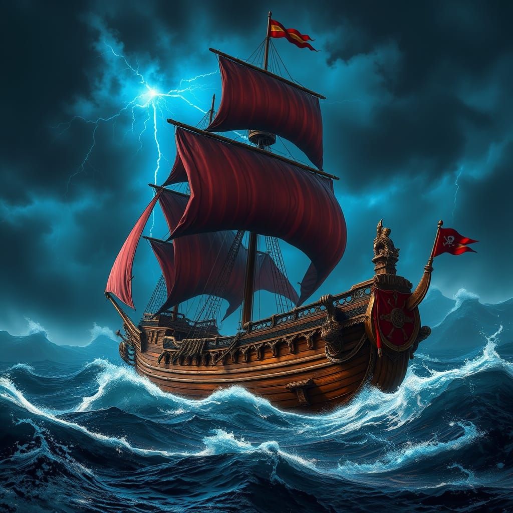 Medieval Pirate Galleon Sails Through Turbulent Stormy Seas