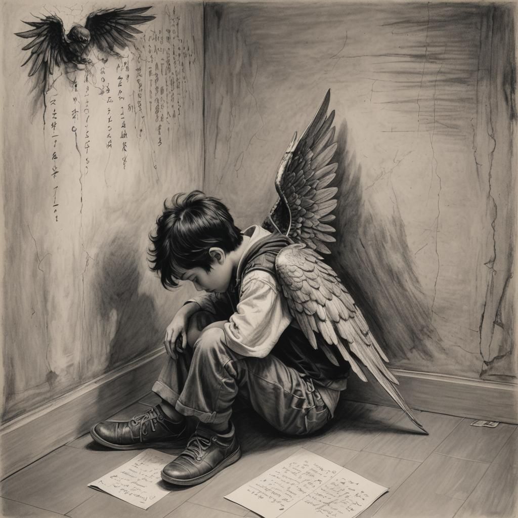 Winged Boy Writes Poem: Charcoal Drawing