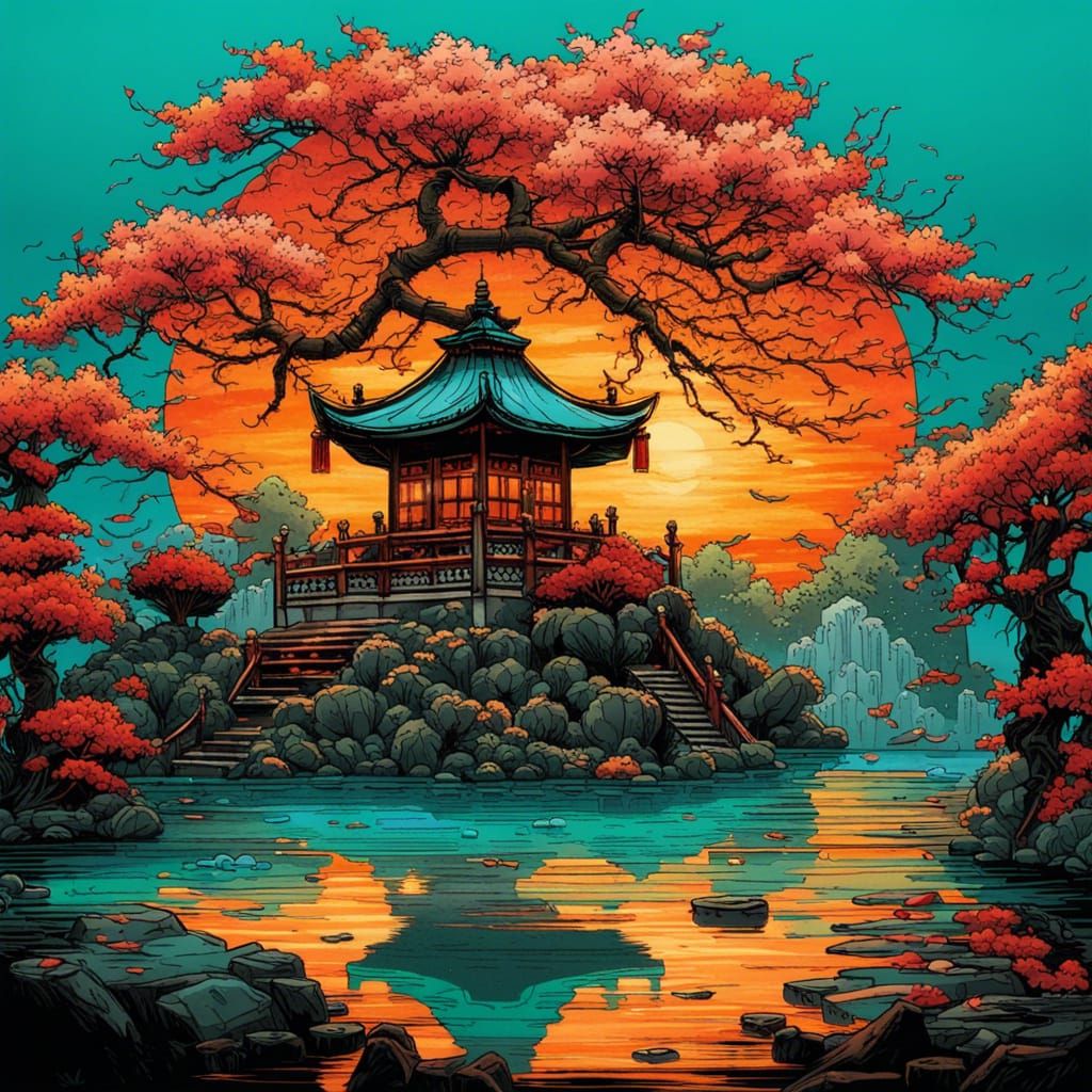 High Gothic Koi Pond Under Sunset